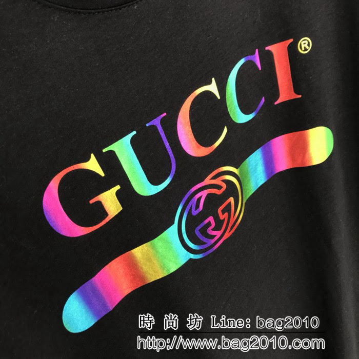 GUCCI古馳 19早春新款 漸變色logo印花 雙股絲光棉短袖 男女同款 ydi1606